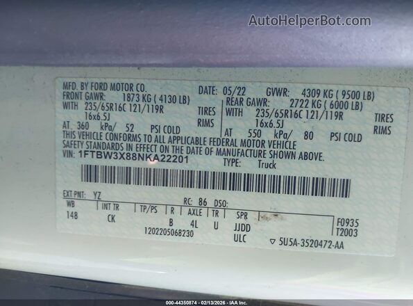 1FTBW3X88NKA22201 2022 FORD TRANSIT-350 White Вид підкапотного простору