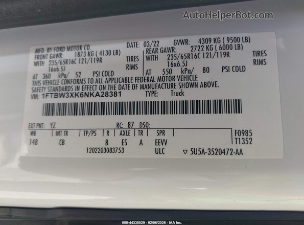 1FTBW3XK6NKA28381 2022 FORD E-TRANSIT-350 CARGO VAN White Вид підкапотного простору