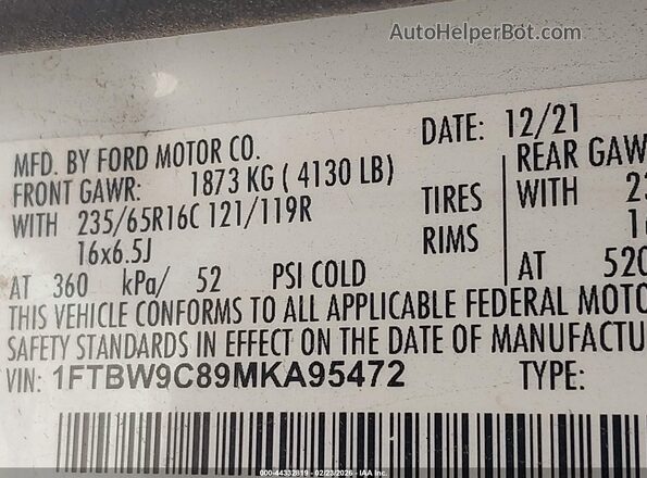 1FTBW9C89MKA95472 2021 FORD TRANSIT-350 White Շարժիչի բաժամունքի տեսք