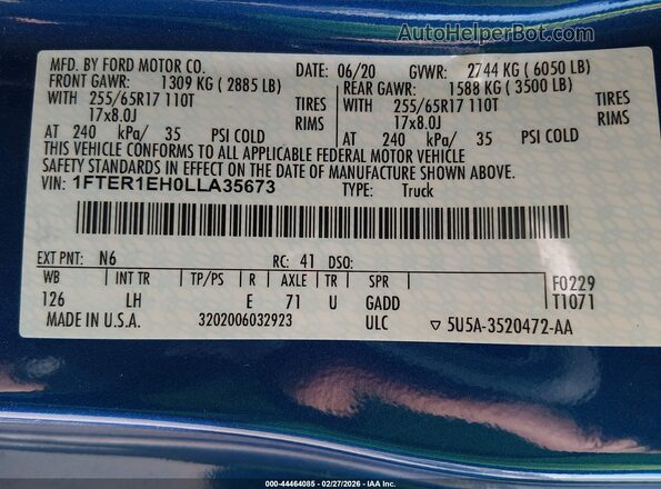 1FTER1EH0LLA35673 2020 FORD RANG Blue Vista del compartimento del motor