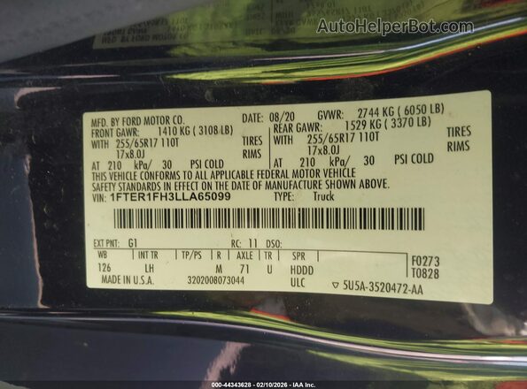 1FTER1FH3LLA65099 2020 FORD RANG Black Вид підкапотного простору