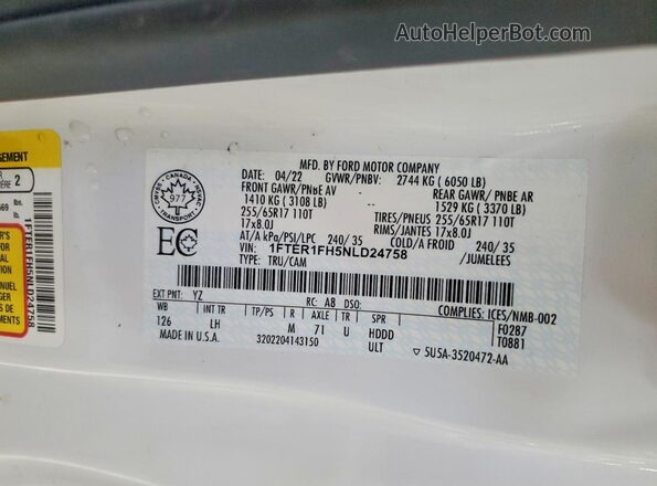 1FTER1FH5NLD24758 2022 FORD RANG White Вид підкапотного простору