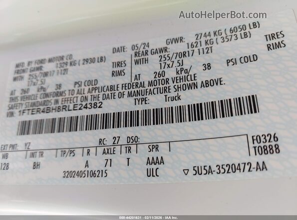 1FTER4BH8RLE24382 2024 FORD RANG White Widok komory silnika