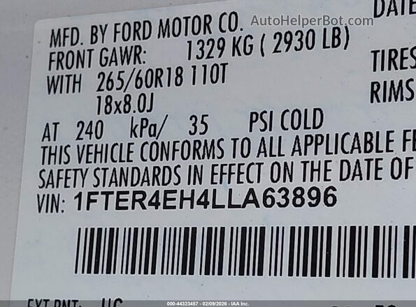 1FTER4EH4LLA63896 2020 FORD RANG Белый 