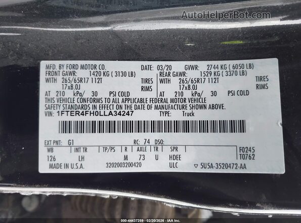 1FTER4FH0LLA34247 2020 FORD RANG Black Widok komory silnika