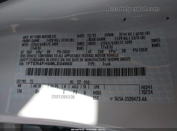 1FTER4FH6MLE04960 2021 FORD RANG White 