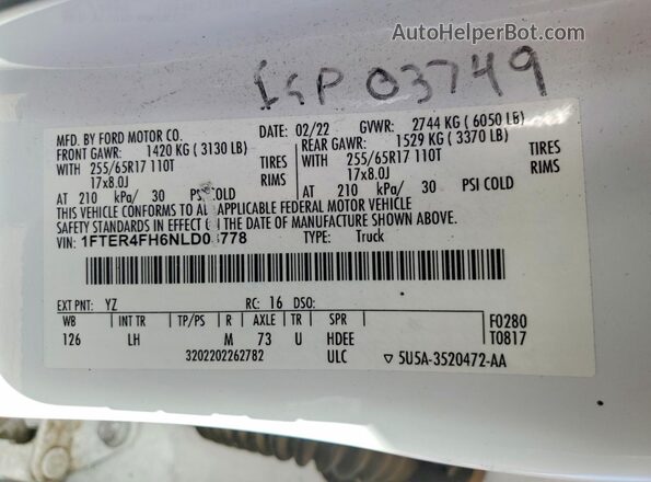 1FTER4FH6NLD08778 2022 FORD RANG Белый Вид подкапотного пространства