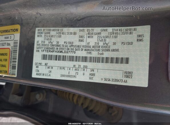 1FTER4FHXMLD27770 2021 FORD RANG Серый 