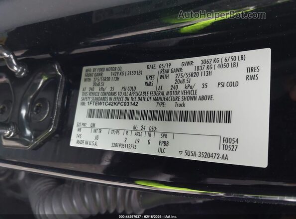 1FTEW1C42KFC03142 2019 FORD F150 Black 