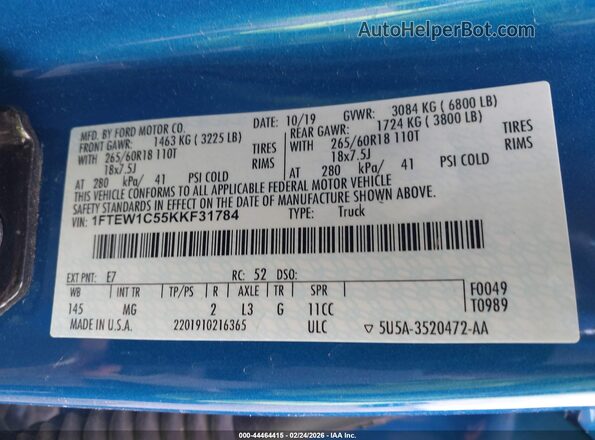 1FTEW1C55KKF31784 2019 FORD F150 Blue 