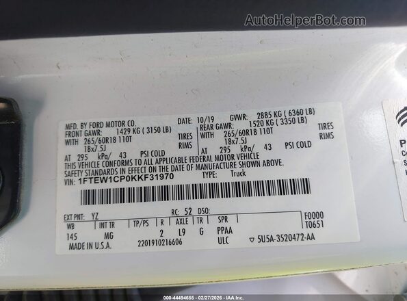 1FTEW1CP0KKF31970 2019 FORD F150 White 