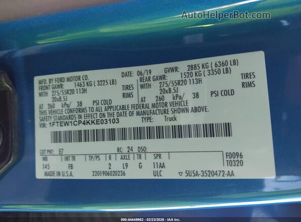 1FTEW1CP4KKE03103 2019 FORD F150 Blue ძრავის განყოფილების ხედი