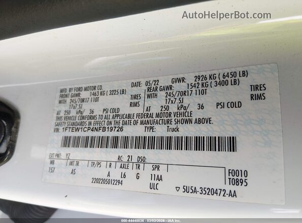 1FTEW1CP4NFB19726 2022 FORD F150 White 