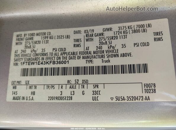 1FTEW1E43KFB36001 2019 FORD F150 Silver Vista del compartimento del motor
