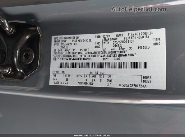 1FTEW1E44KFB16288 2019 FORD F150 Gray 