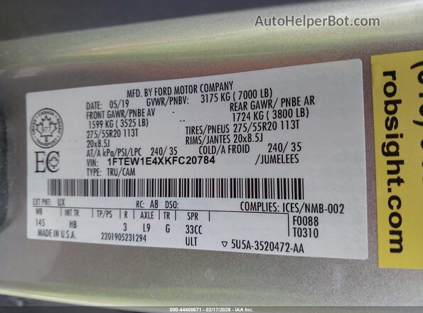 1FTEW1E4XKFC20784 2019 FORD F150 Silver 