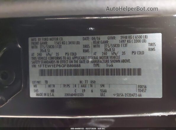 1FTEW1EP6GFB89888 2016 FORD F150 Gray Շարժիչի բաժամունքի տեսք
