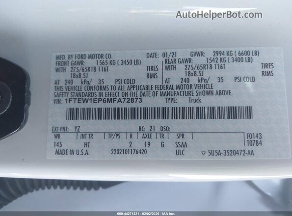 1FTEW1EP6MFA72873 2021 FORD F150 White 