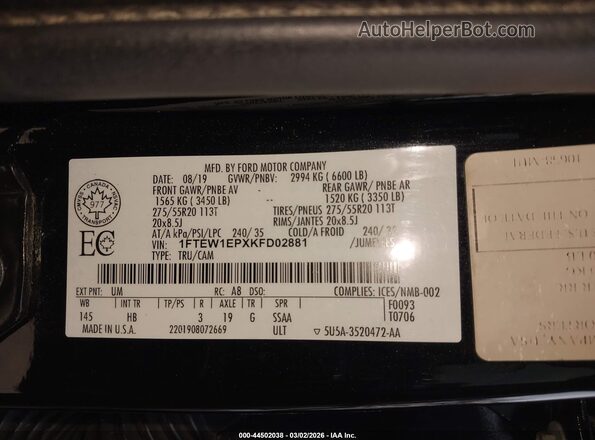 1FTEW1EPXKFD02881 2019 FORD F150 Black Widok komory silnika