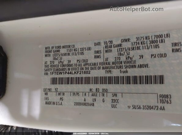 1FTEW1P44LKF21802 2020 FORD F-150 POLICE RESPONDER White 
