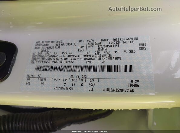 1FTEW2LP6SKE34097 2025 FORD F150 White Widok komory silnika