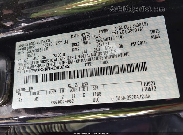 1FTEW3K88RKD53242 2024 FORD F150 Black Widok komory silnika