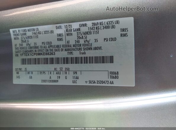 1FTEX1CP0MKE88263 2021 FORD F150 Silver 