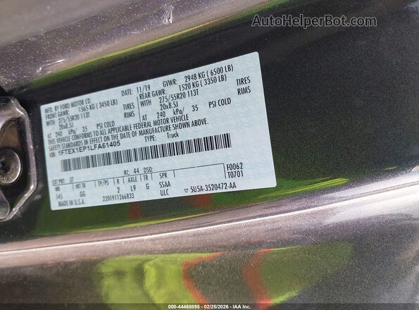 1FTEX1EP1LFA61405 2020 FORD F150 Gray Вид підкапотного простору