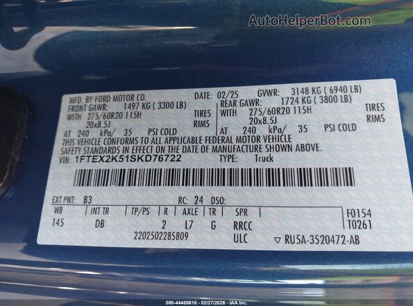 1FTEX2K51SKD76722 2025 FORD F150 Blue Widok komory silnika
