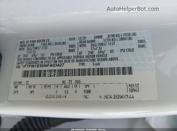 1FTFW1E56NFA03427 2022 FORD F150 White Widok komory silnika