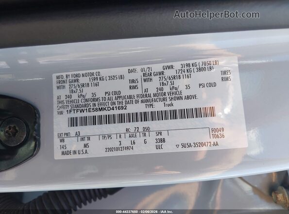 1FTFW1E58MKD41692 2021 FORD F150 Белый 