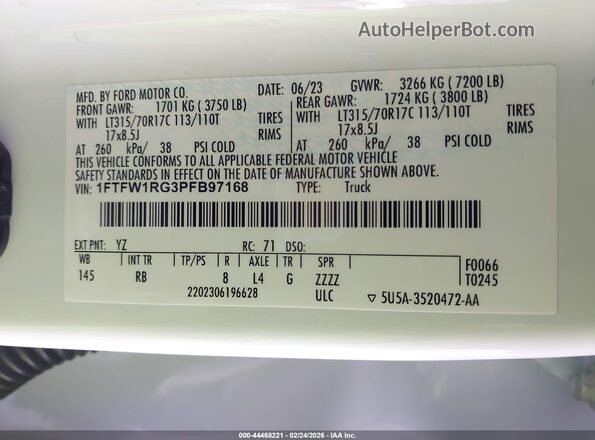 1FTFW1RG3PFB97168 2023 FORD F150 White Շարժիչի բաժամունքի տեսք
