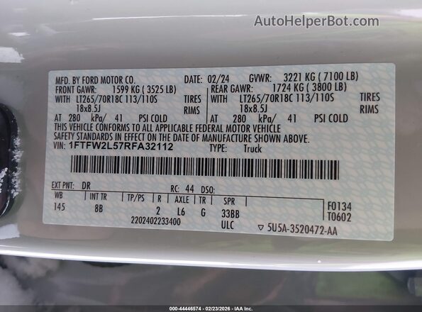 1FTFW2L57RFA32112 2024 FORD F150 Gray Widok komory silnika