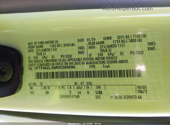 1FTFW2L59RKD95096 2024 FORD F150 White Widok komory silnika