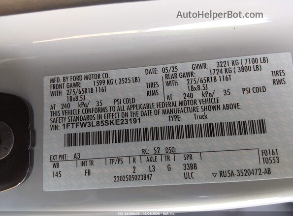 1FTFW3L85SKE23191 2025 FORD F150 White Widok komory silnika