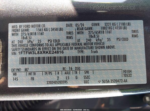 1FTFW3L8XRKE24816 2024 FORD F150 Gray Вид підкапотного простору