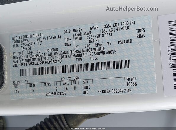 1FTFW3LD2SFB95270 2025 FORD F150 White უკანა მარჯვენა