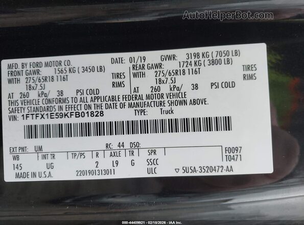 1FTFX1E59KFB01828 2019 FORD F150 Black 
