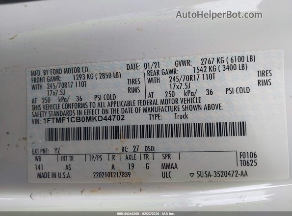 1FTMF1CB0MKD44702 2021 FORD F150 White Շարժիչի բաժամունքի տեսք