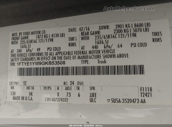 1FTYE1YM9GKB53508 2016 FORD TRANSIT-150 White Vista del compartimento del motor