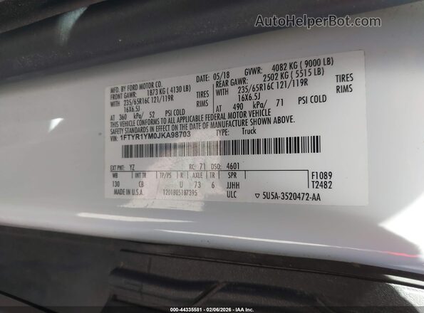 1FTYR1YM0JKA98703 2018 FORD TRANSIT-250 White 