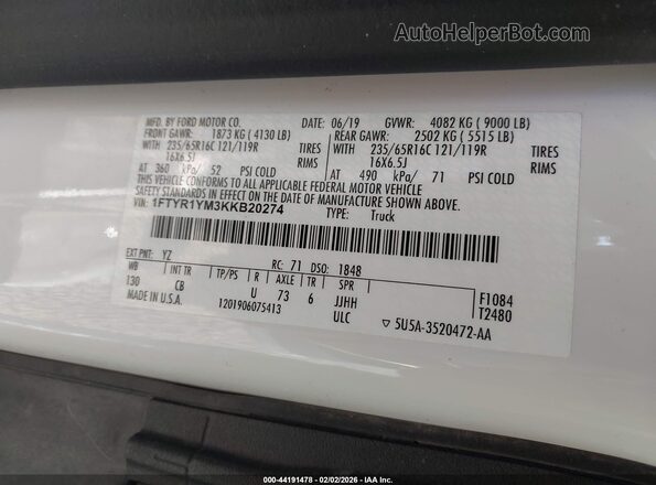 1FTYR1YM3KKB20274 2019 FORD TRANSIT-250 White Widok komory silnika