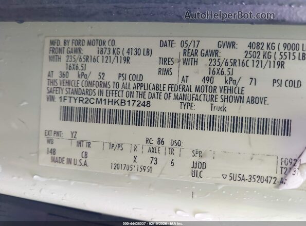 1FTYR2CM1HKB17248 2017 FORD TRANSIT-250 White Widok komory silnika