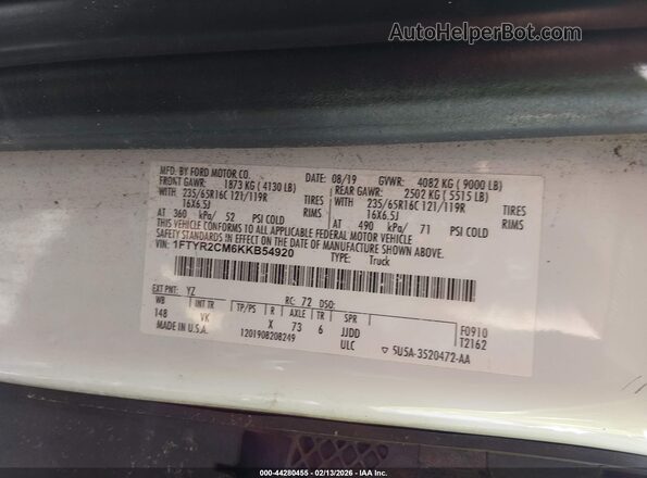 1FTYR2CM6KKB54920 2019 FORD TRANSIT-250 White Widok komory silnika