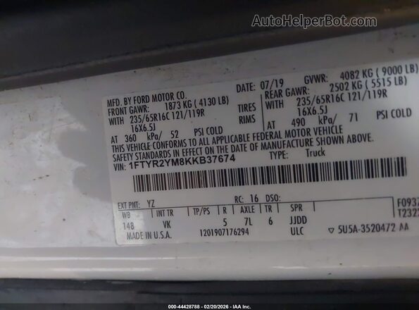 1FTYR2YM8KKB37674 2019 FORD TRANSIT-250 White Widok komory silnika