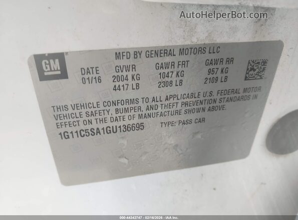1G11C5SA1GU136695 2016 CHEVROLET MALIBU White 