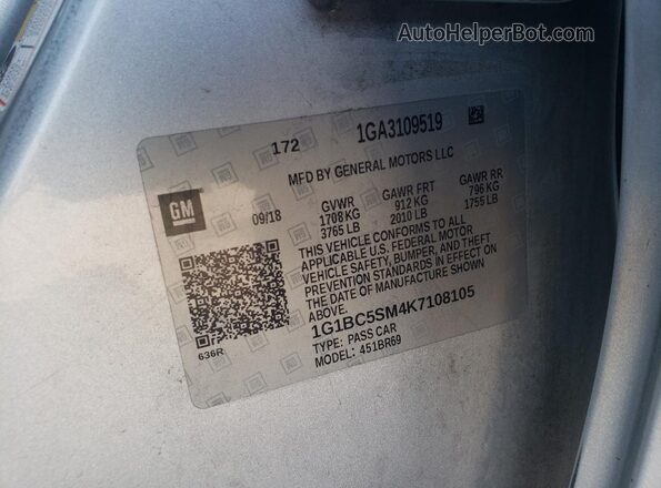 1G1BC5SM4K7108105 2019 CHEVROLET CRUZE Silver 