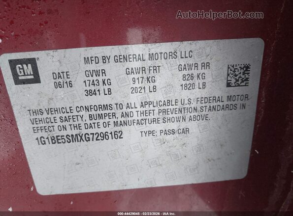 1G1BE5SMXG7296162 2016 CHEVROLET CRUZE Red Widok komory silnika