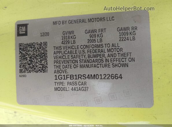 1G1FB1RS4M0122664 2021 CHEVROLET CAMARO Зеленый 