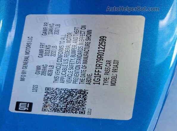 1G1FF1R79R0122599 2024 CHEVROLET CAMARO Синий Вид наклейки с VIN-кодом